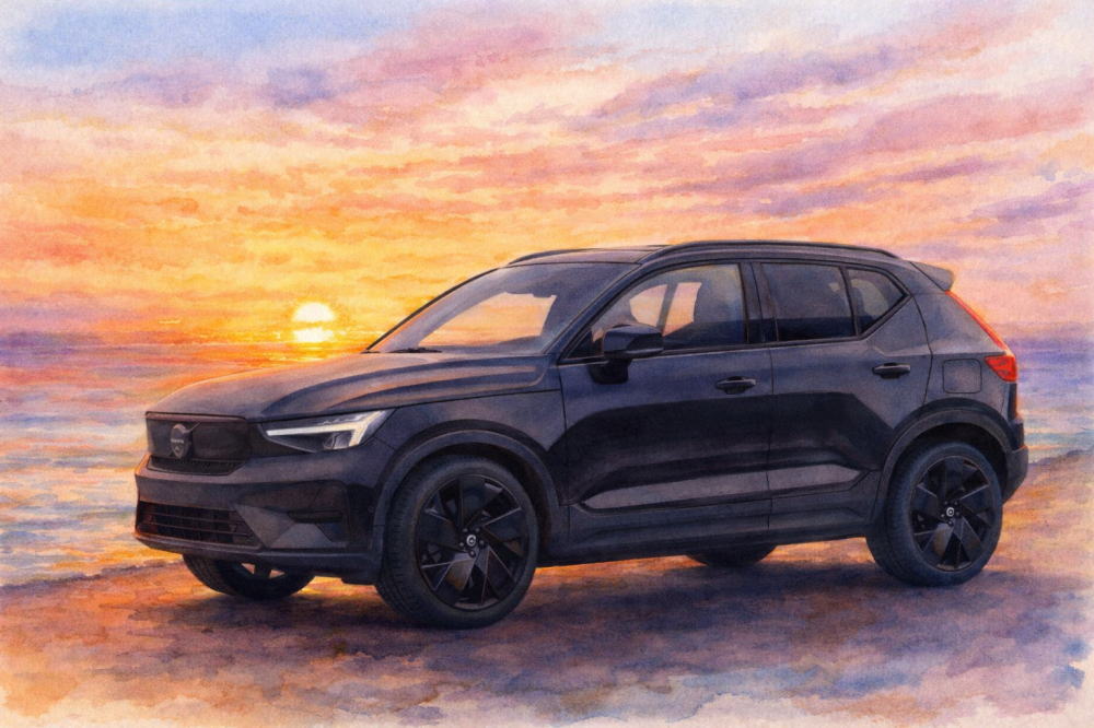 ボルボのイメージイラスト（夕焼けとXC40）