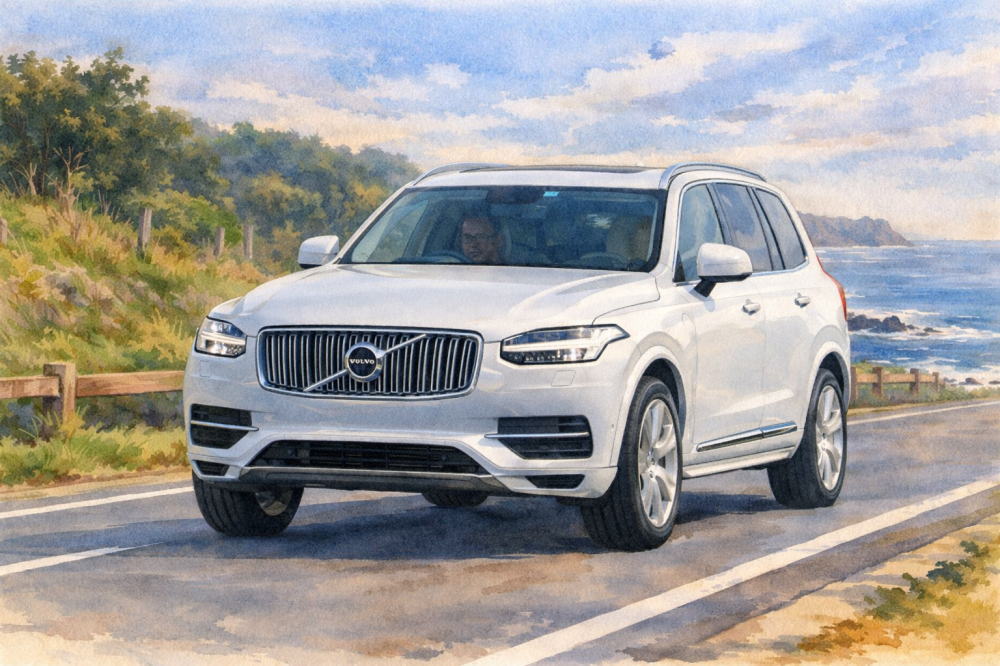 ボルボのイメージイラスト(海辺の道とボルボ)