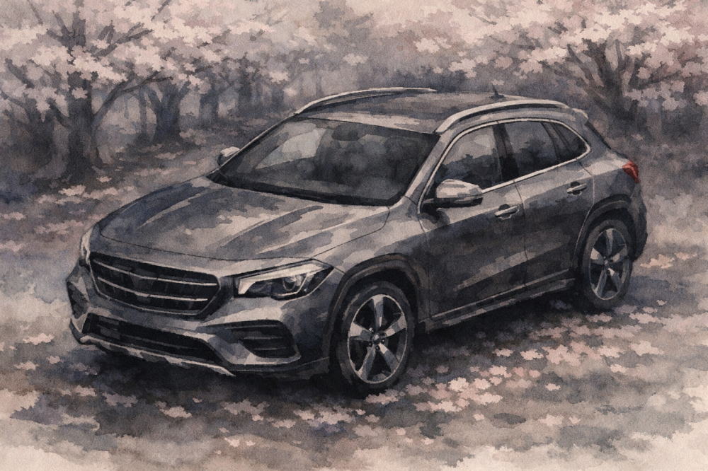 運営者情報の記事用イメージ画像。桜並木と高級車風イラスト。