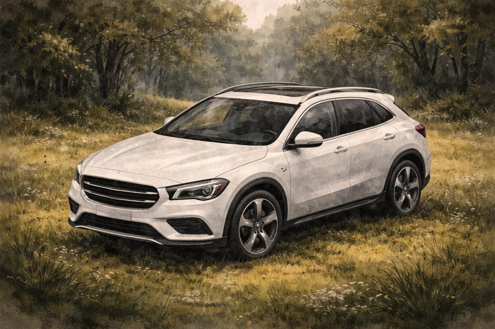 プライバシーポリシーページ用イメージ画像。森に囲まれた野原と高級車風イラスト。