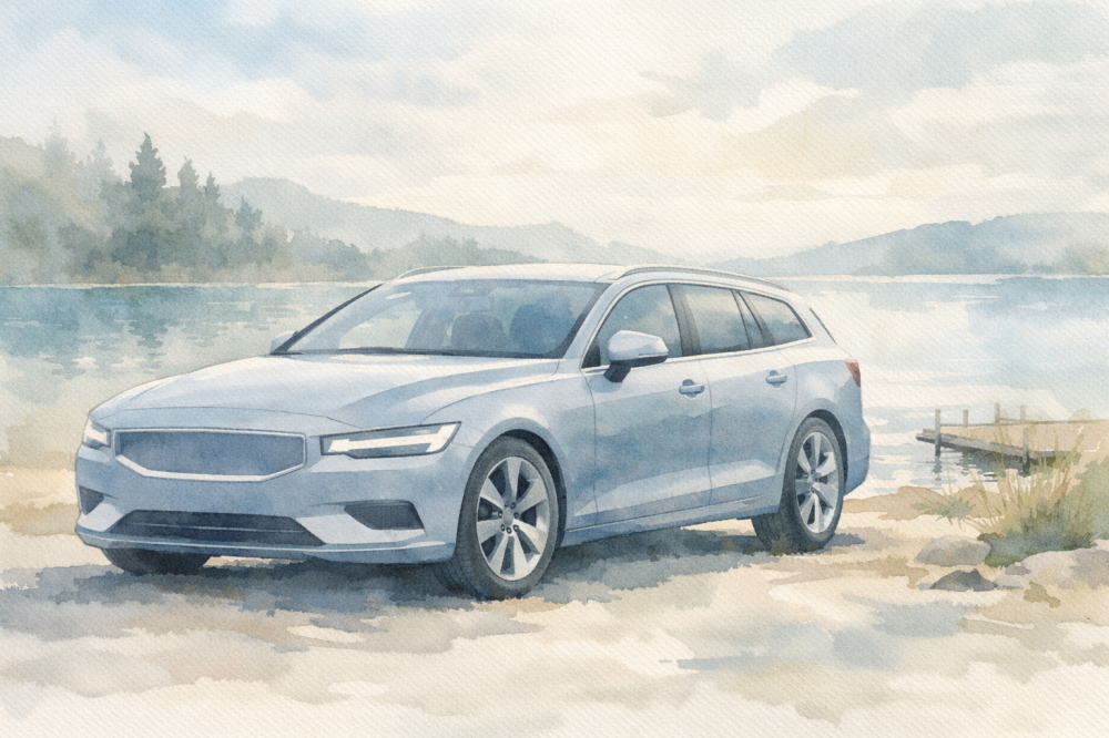 ボルボV60は売れてないを解説する記事用イメージ画像。湖畔の道路に止まるホワイトの北欧デザイン車風水彩イラスト。