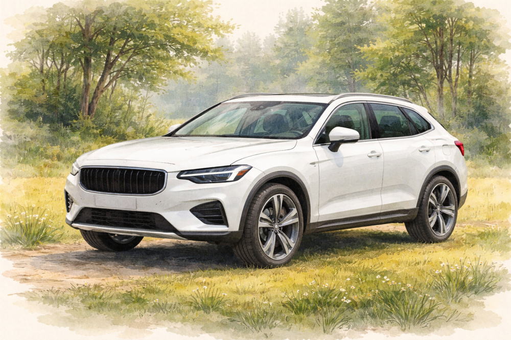 「ボルボは買ってはいけない」を解説する記事用イメージ画像。森に囲まれた野原と北欧デザイン車風水彩イラスト。