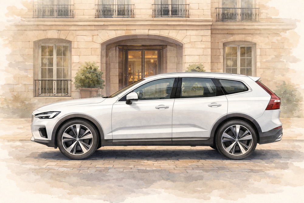 「ボルボは買ってはいけない」を解説する記事用イメージ画像。茶色のマンションの玄関前と北欧デザイン車風水彩イラスト。