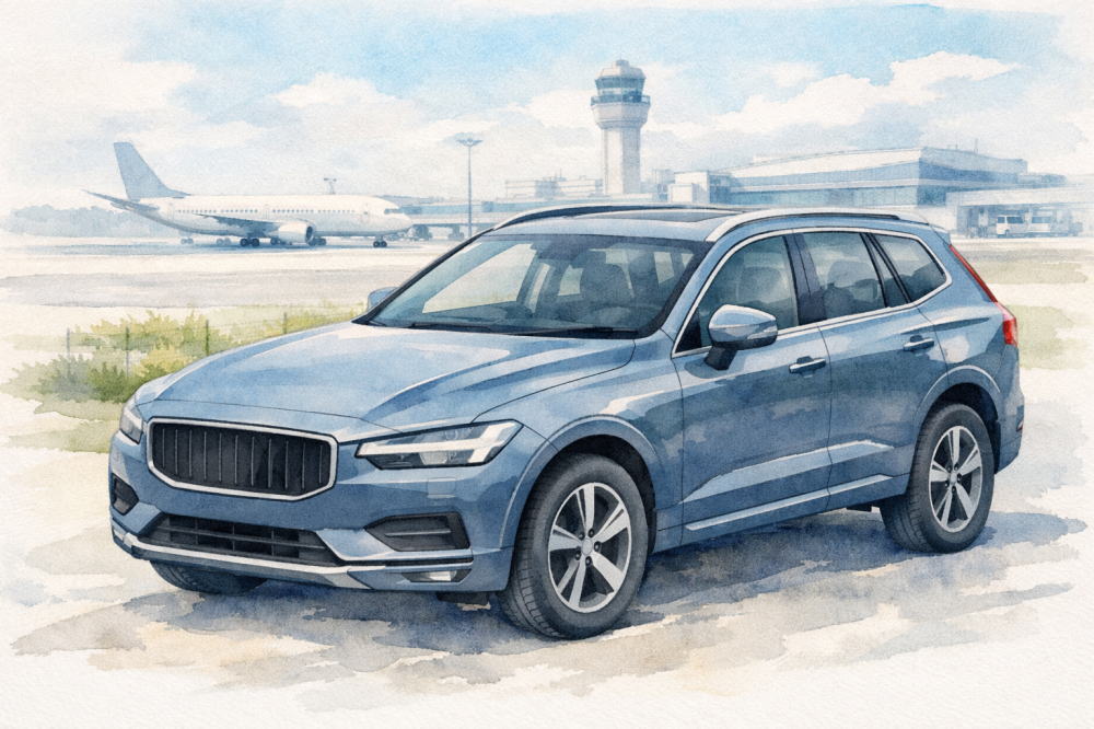 「ボルボXC60は壊れやすい」を解説する記事用イメージ画像。空港が見える景色と北欧デザイン車風水彩イラスト。