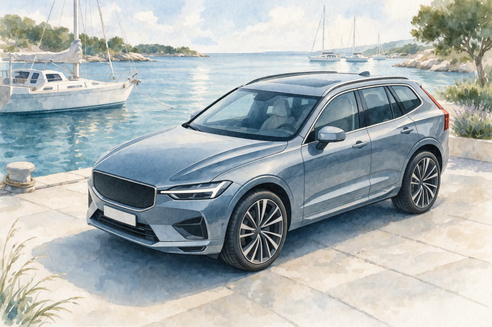 「ボルボXC60は壊れやすい」を解説する記事用イメージ画像。ヨットが見える景色と北欧デザイン車風水彩イラスト。