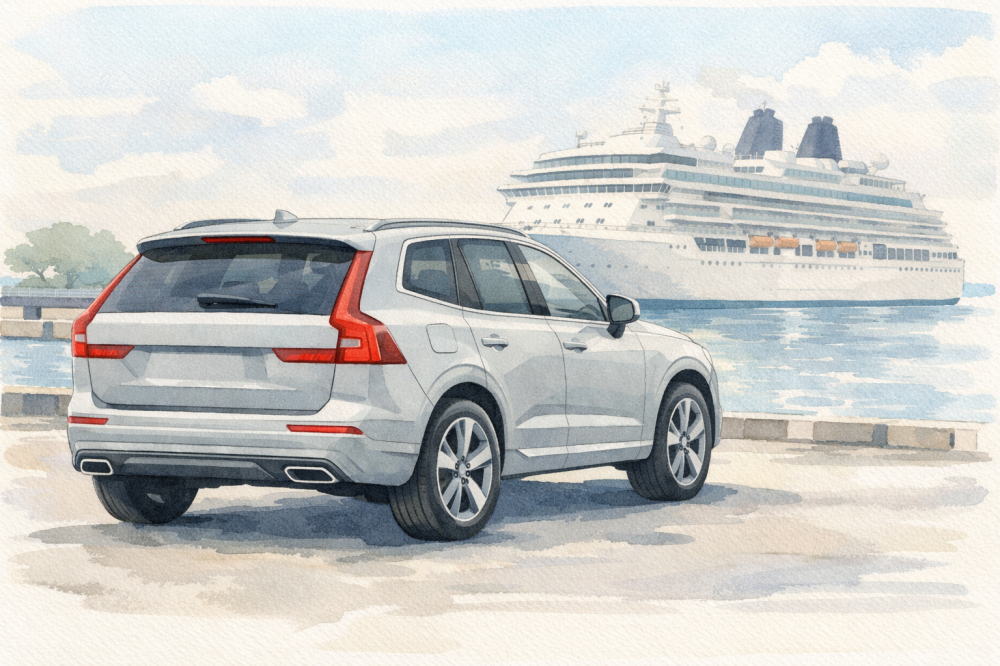 「ボルボXC60は壊れやすい」を解説する記事用イメージ画像。大型客船が見える景色と北欧デザイン車風水彩イラスト。