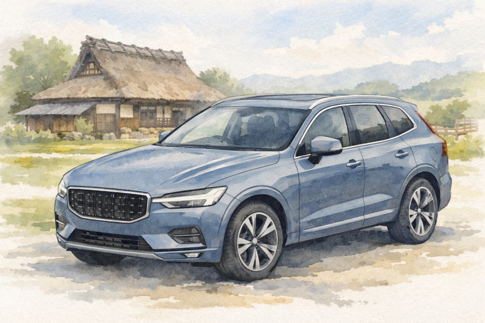 「ボルボXC60の維持費」を解説する記事用イメージ画像。古民家の見える風景と北欧デザイン車風水彩イラスト。