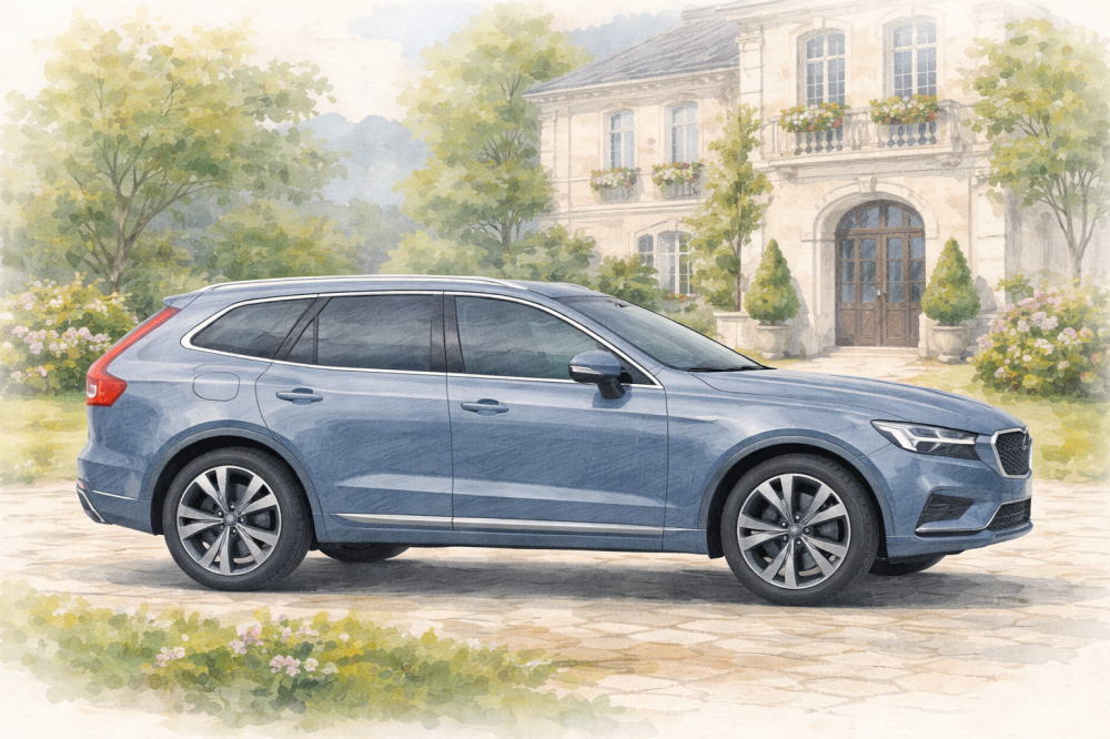 「ボルボXC60の維持費」を解説する記事用イメージ画像。白い西洋風な建物と北欧デザイン車風水彩イラスト。