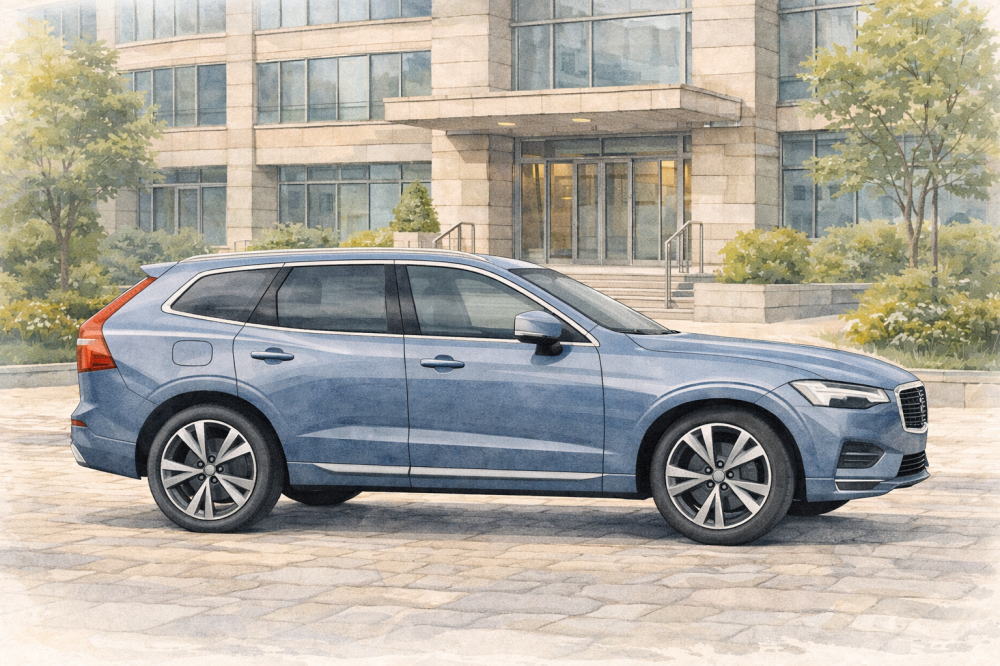 「ボルボXC60の維持費」を解説する記事用イメージ画像。オフィスビルの前と北欧デザイン車風水彩イラスト。