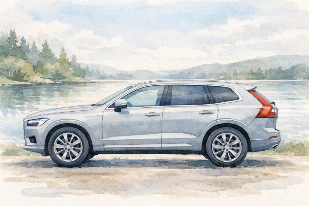 「ボルボに乗ってる人のイメージ」を解説する記事用イメージ画像。静かな湖畔と北欧デザイン車風水彩イラスト。