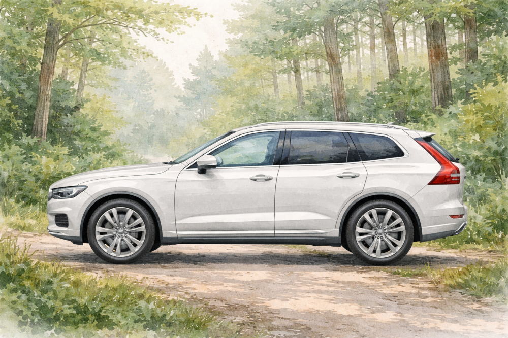 「ボルボに乗ってる人のイメージ」を解説する記事用イメージ画像。森林の道と北欧デザイン車風水彩イラスト。