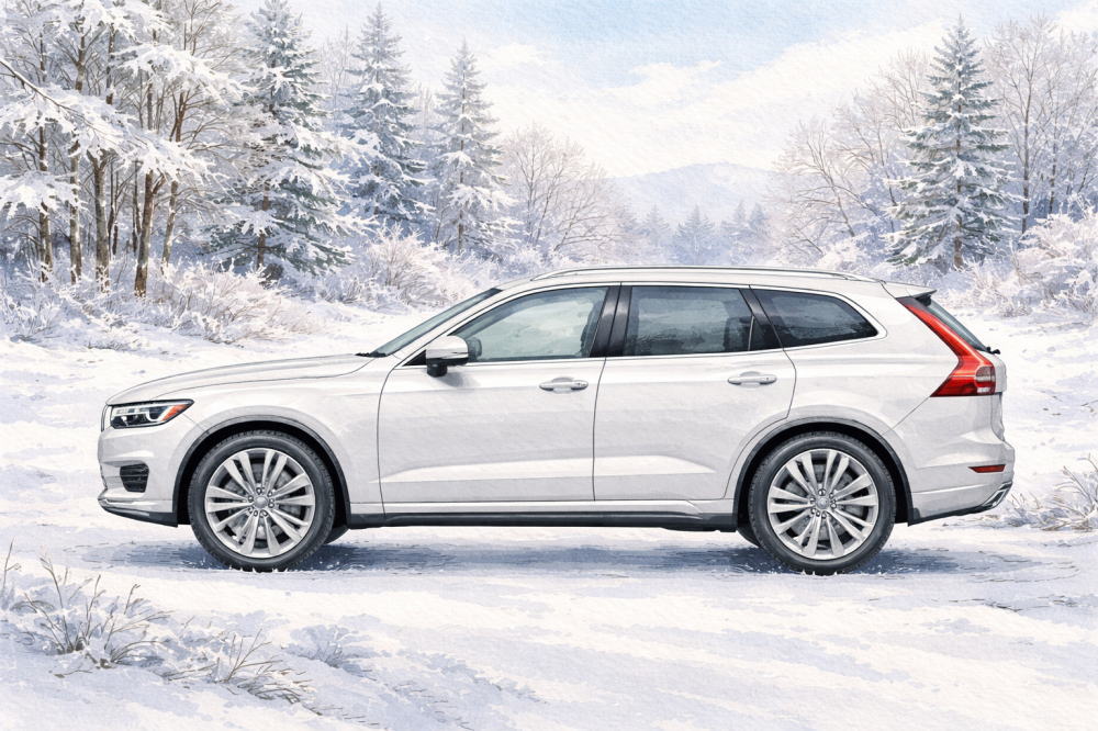 「ボルボに乗ってる人のイメージ」を解説する記事用イメージ画像。雪景色と北欧デザイン車風水彩イラスト。