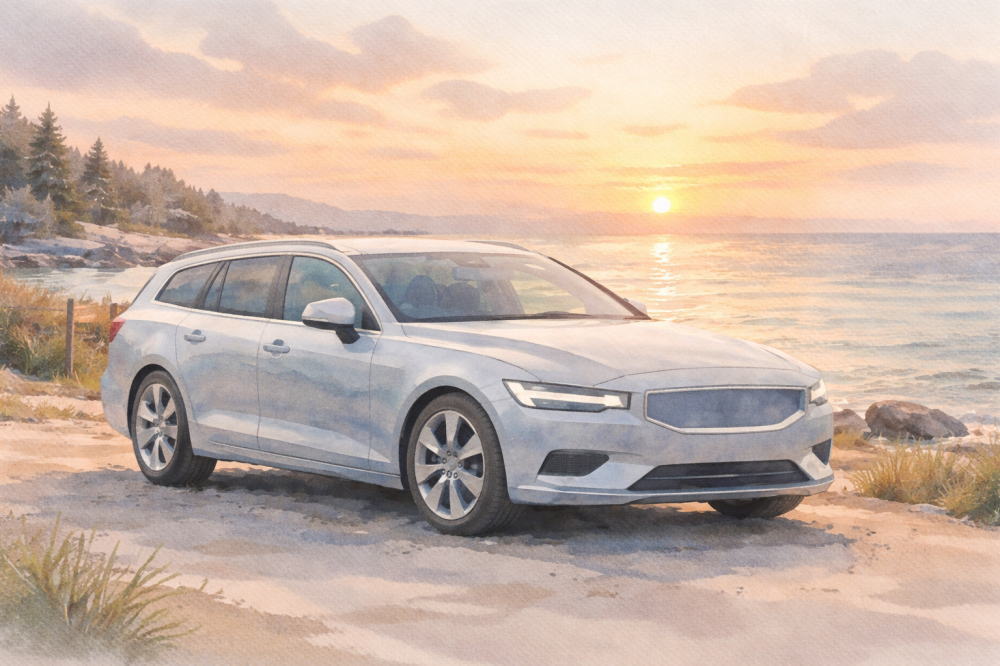 ボルボV60は売れてないを解説する記事用イメージ画像。夕焼けの海沿いの道路を走るホワイトの北欧デザイン車風水彩イラスト。