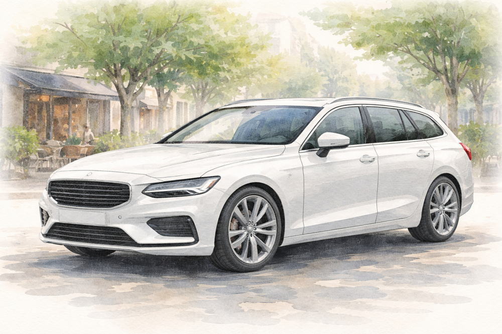 ボルボV60で後悔する人の共通点を解説する記事用イメージ画像。街中を走る白の北欧デザイン車風水彩イラスト