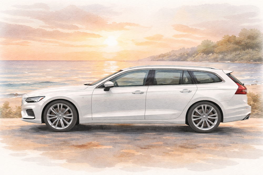 ボルボV60で後悔する人の共通点を解説する記事用イメージ画像。夕焼けの海と白の北欧デザイン車風水彩イラスト