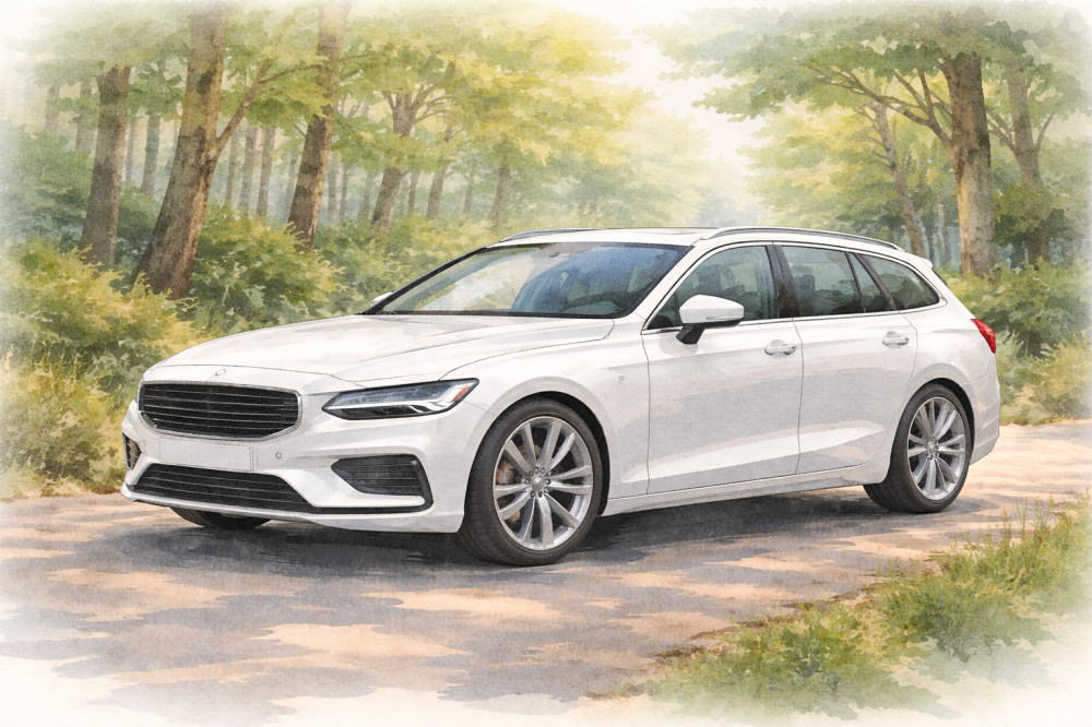 ボルボV60で後悔する人の共通点を解説する記事用イメージ画像。森林の道と白の北欧デザイン車風水彩イラスト