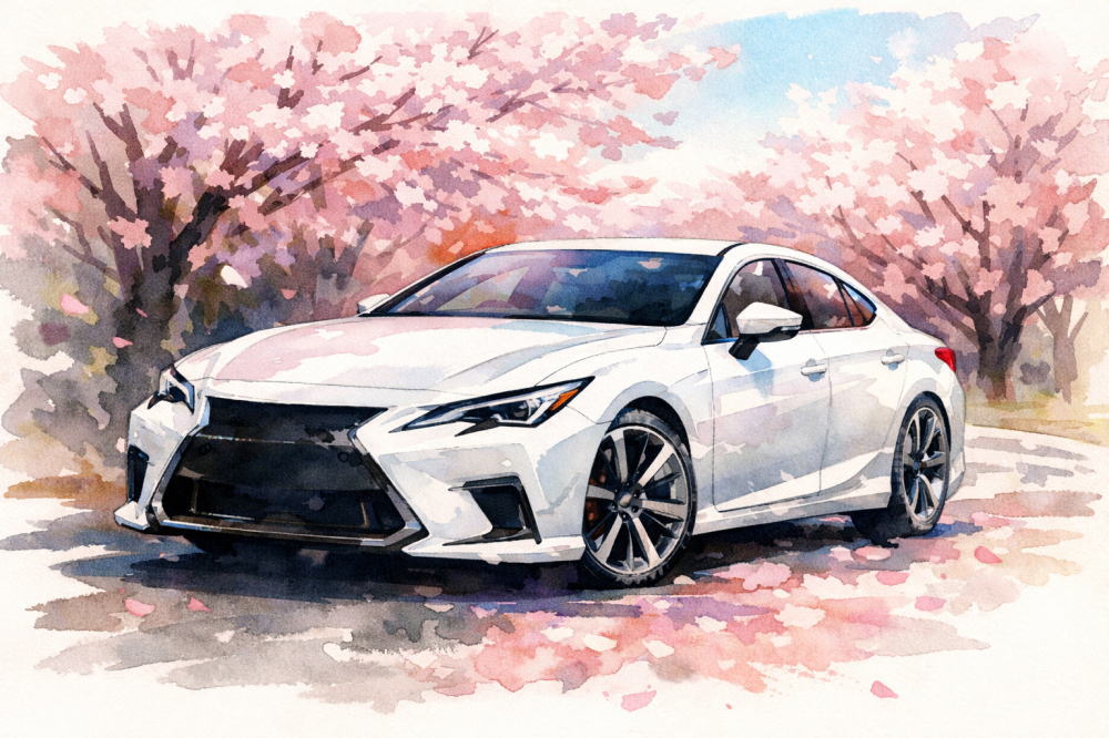 「レクサスに乗ってる人の年収」を解説する記事用イメージ画像。桜並木と高級車風水彩イラスト。