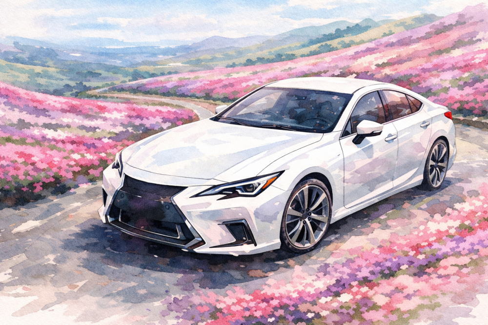 「レクサスに乗ってる人の年収」を解説する記事用イメージ画像。芝桜の丘陵と高級車風水彩イラスト。