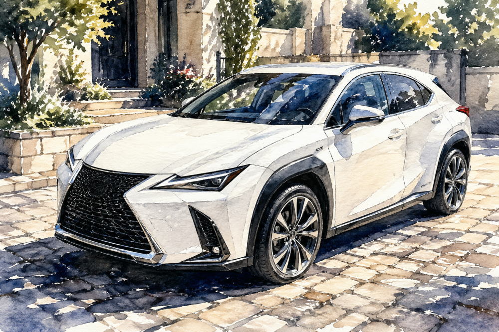 「レクサスUXはひどい」を解説する記事用イメージ画像。石畳のある住宅の駐車場と高級車風水彩イラスト。