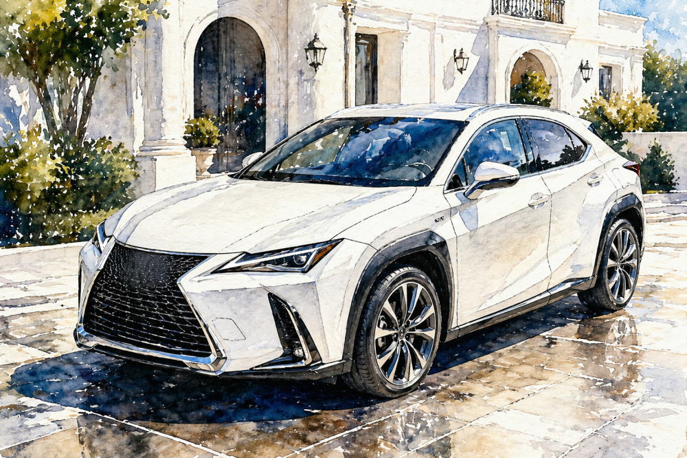 「レクサスUXはひどい」を解説する記事用イメージ画像。白い西洋風な建物と高級車風水彩イラスト。