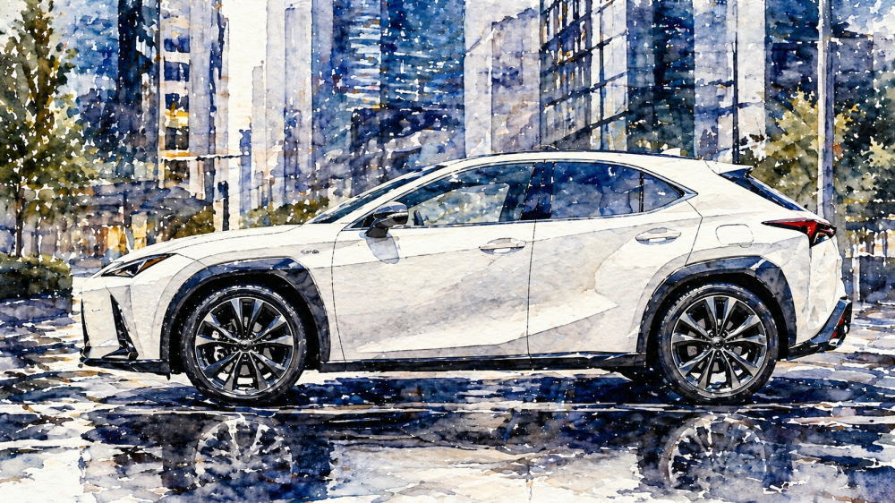 「レクサスUXはひどい」を解説する記事用イメージ画像。都会のビル街と高級車風水彩イラスト。