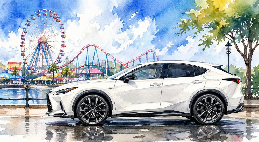 「レクサスで女性におすすめの車種」を解説する記事用イメージ画像。遊園地の見える風景と高級車風水彩イラスト。