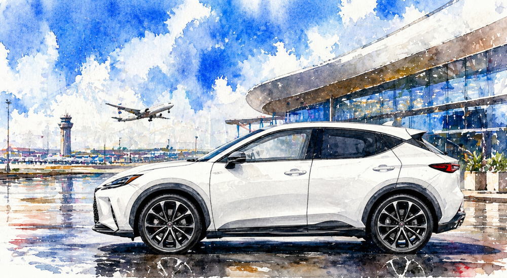 「レクサスで女性におすすめの車種」を解説する記事用イメージ画像。空港が見える景色と高級車風水彩イラスト。