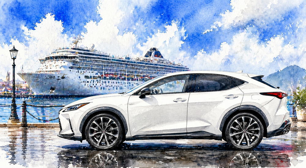 「レクサスで女性におすすめの車種」を解説する記事用イメージ画像。大型客船が見える景色と高級車風水彩イラスト。