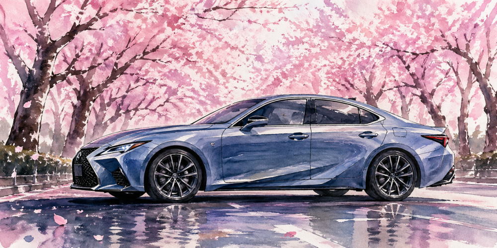 「レクサスの中古は後悔」を解説する記事用イメージ画像。桜並木と高級車風水彩イラスト。
