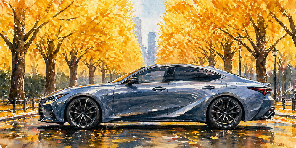 「レクサスの中古は後悔」を解説する記事用イメージ画像。銀杏並木と高級車風水彩イラスト。