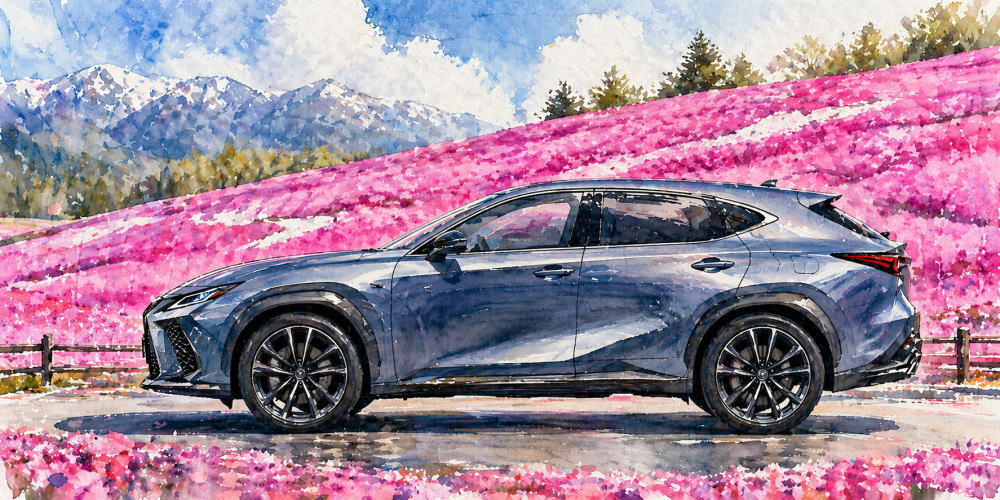 「レクサスの中古は後悔」を解説する記事用イメージ画像。芝桜の丘陵と高級車風水彩イラスト。