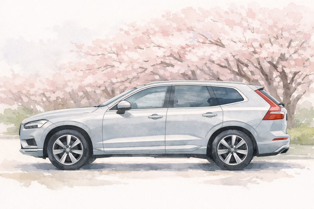「ボルボXC60のリセールバリュー」を解説する記事用イメージ画像。桜並木と北欧デザイン車風水彩イラスト。
