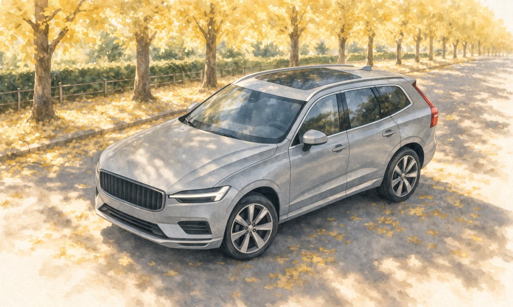 「ボルボXC60のリセールバリュー」を解説する記事用イメージ画像。銀杏並木と北欧デザイン車風水彩イラスト。