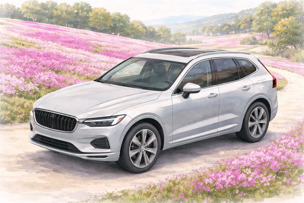 「ボルボXC60のリセールバリュー」を解説する記事用イメージ画像。芝桜の丘陵と北欧デザイン車風水彩イラスト。