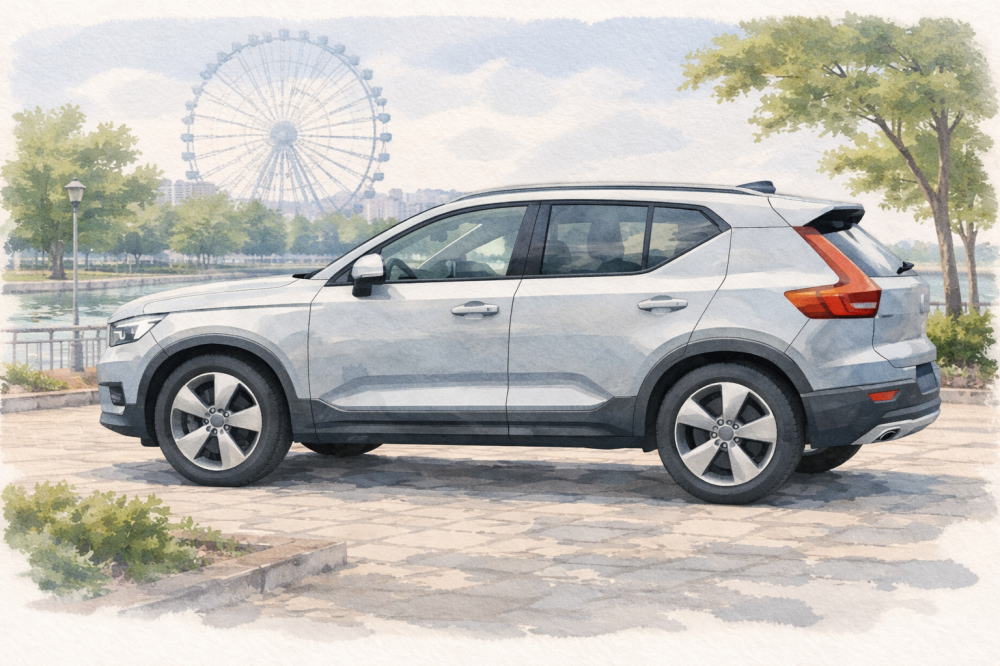「ボルボXC40はやめとけ」を解説する記事用イメージ画像。観覧車の見える風景と北欧デザイン車風水彩イラスト。