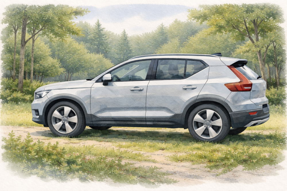 「ボルボXC40はやめとけ」を解説する記事用イメージ画像。森に囲まれた野原と北欧デザイン車風水彩イラスト。