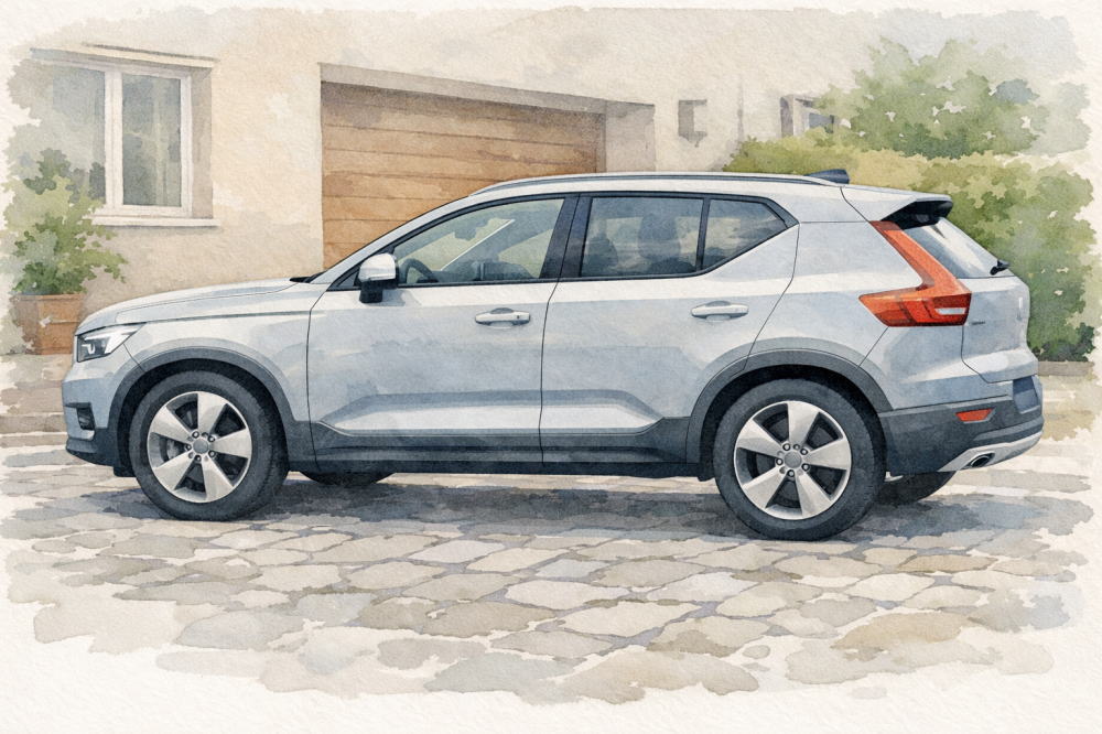 「ボルボXC40はやめとけ」を解説する記事用イメージ画像。石畳のある住宅の駐車場と北欧デザイン車風水彩イラスト。