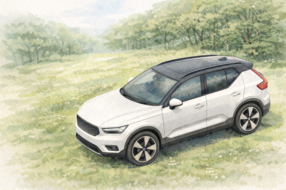 「ボルボXC40の中古はなぜ安い」を解説する記事用イメージ画像。森に囲まれた野原と北欧デザイン車風水彩イラスト。