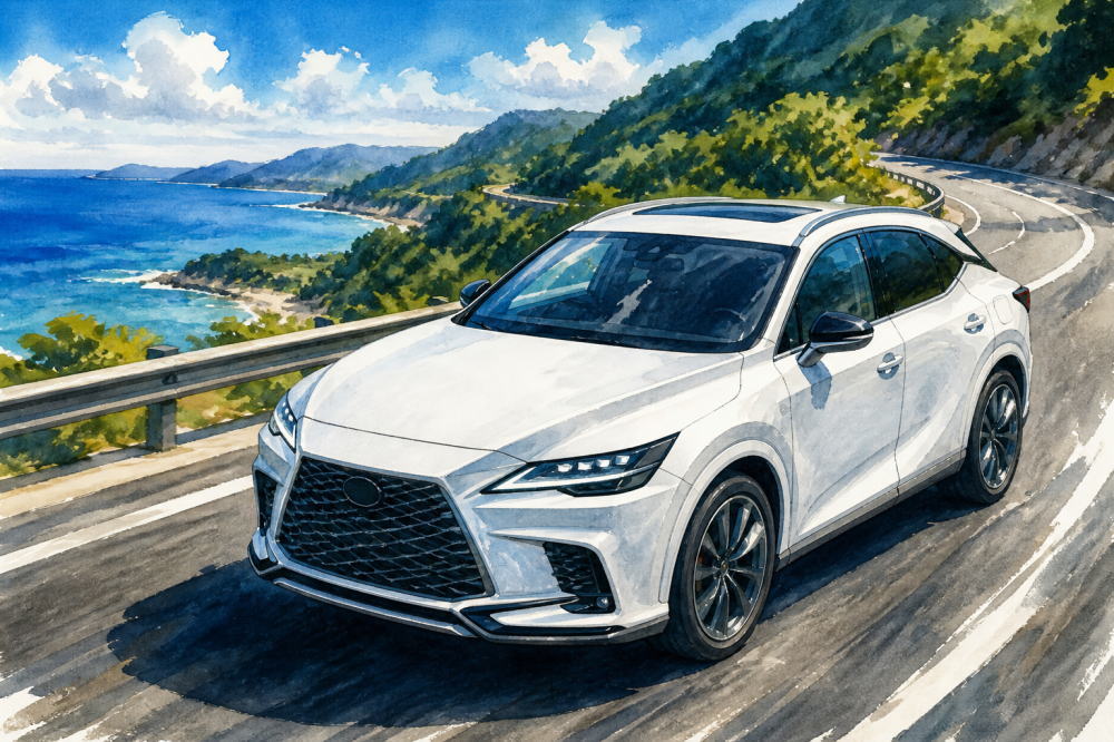 「野良レクサスとは」を解説する記事用イメージ画像。晴天のワインディングロードと高級車風水彩イラスト。