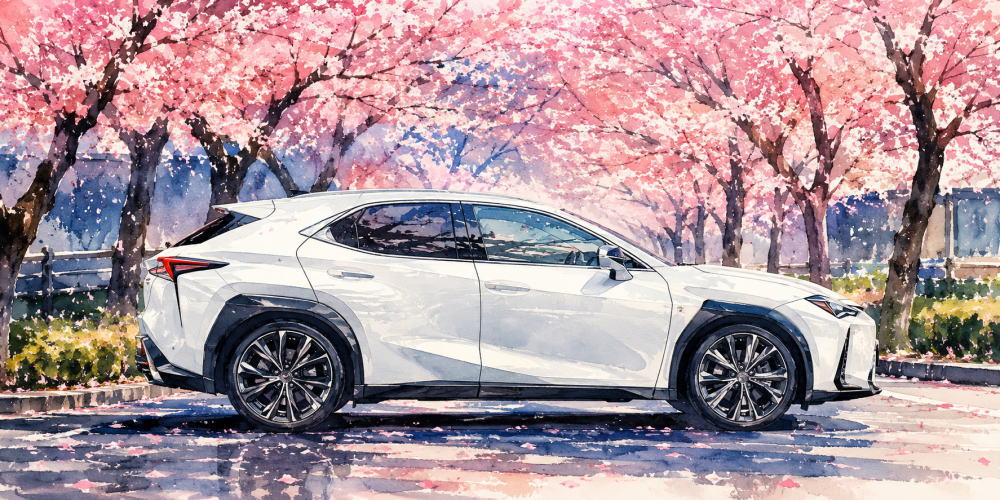 「レクサスUXを買う人はどんな人」を解説する記事用イメージ画像。桜並木と高級車風水彩イラスト。
