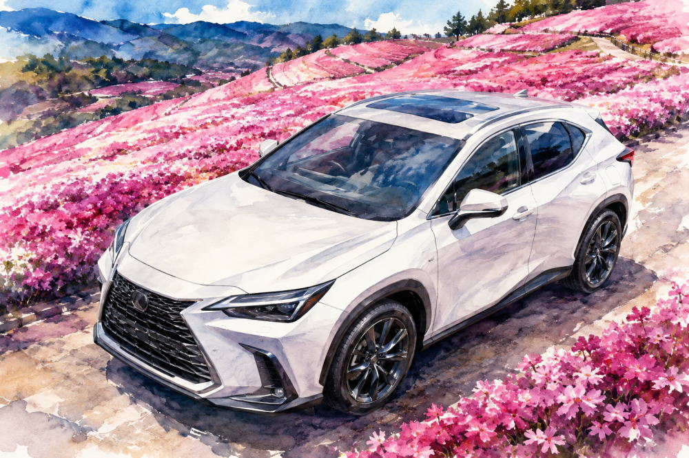 「レクサスNXの内装は安っぽい」を解説する記事用イメージ画像。芝桜の丘陵と高級車風水彩イラスト。