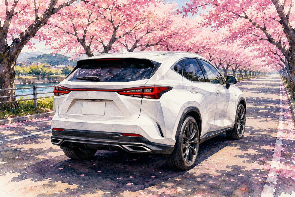 「レクサスNXの内装は安っぽい」を解説する記事用イメージ画像。桜並木と高級車風水彩イラスト。