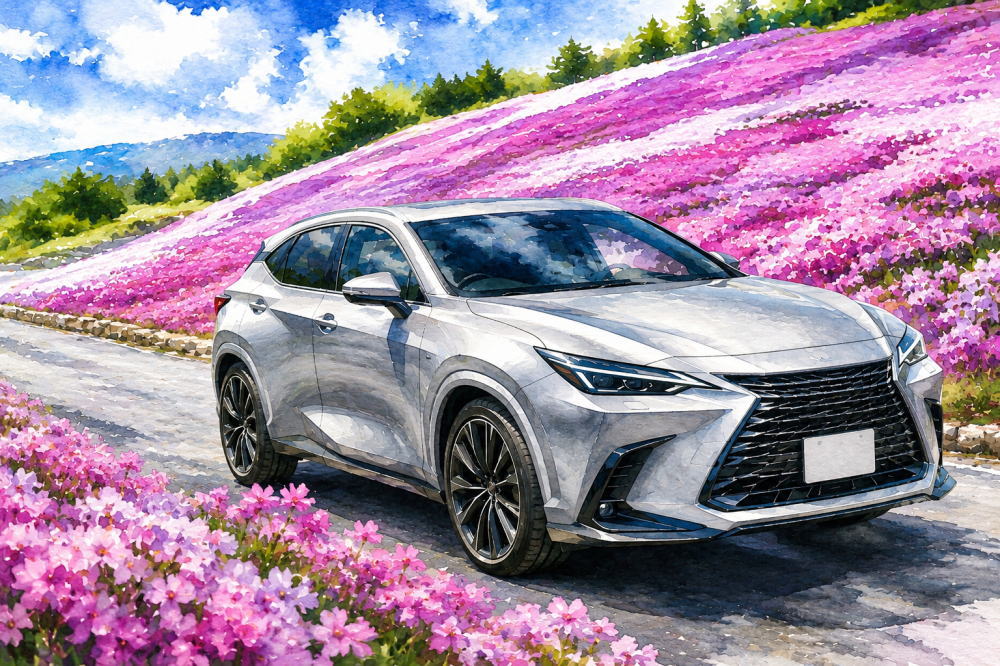 「レクサスNXに必要な年収はいくら」を解説する記事用イメージ画像。芝桜の丘陵と高級車風水彩イラスト。